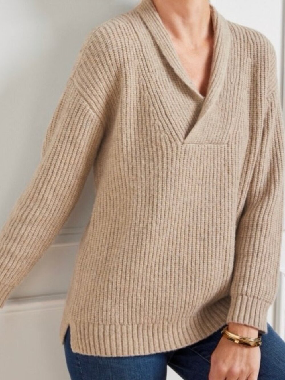 Talbots Shaker Knit Shawl Collar Sweater Tan Wool Blend Womens Size Small